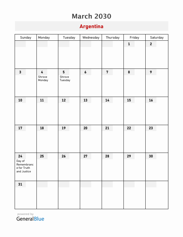 Argentina March 2030 Calendar with Holidays