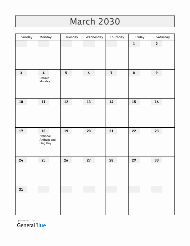 Aruba March 2030 Calendar with Holidays