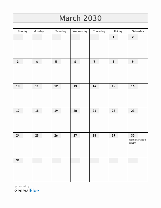 Aland Islands March 2030 Calendar with Holidays