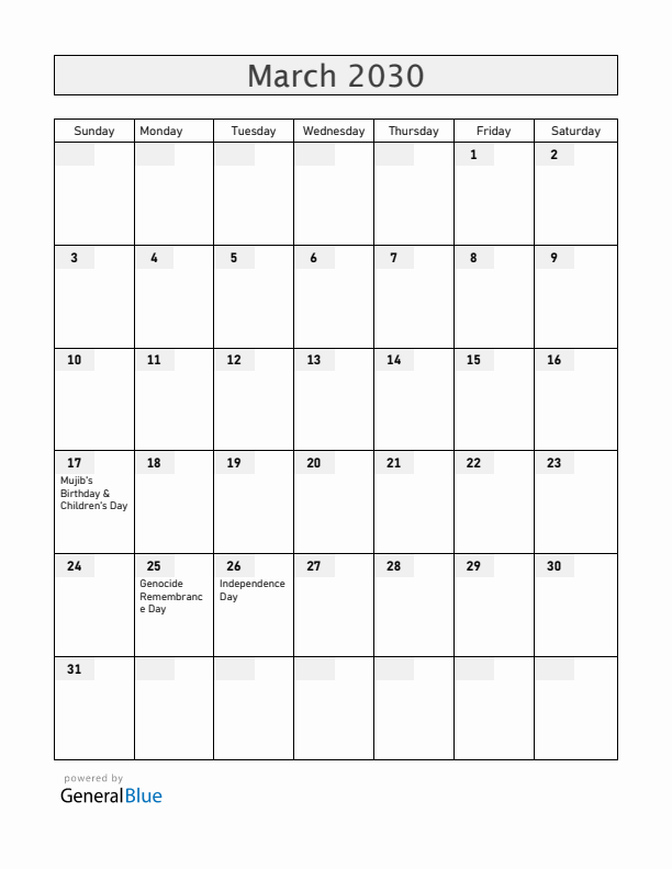 Bangladesh March 2030 Calendar with Holidays
