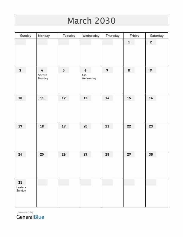 Saint Barthelemy March 2030 Calendar with Holidays