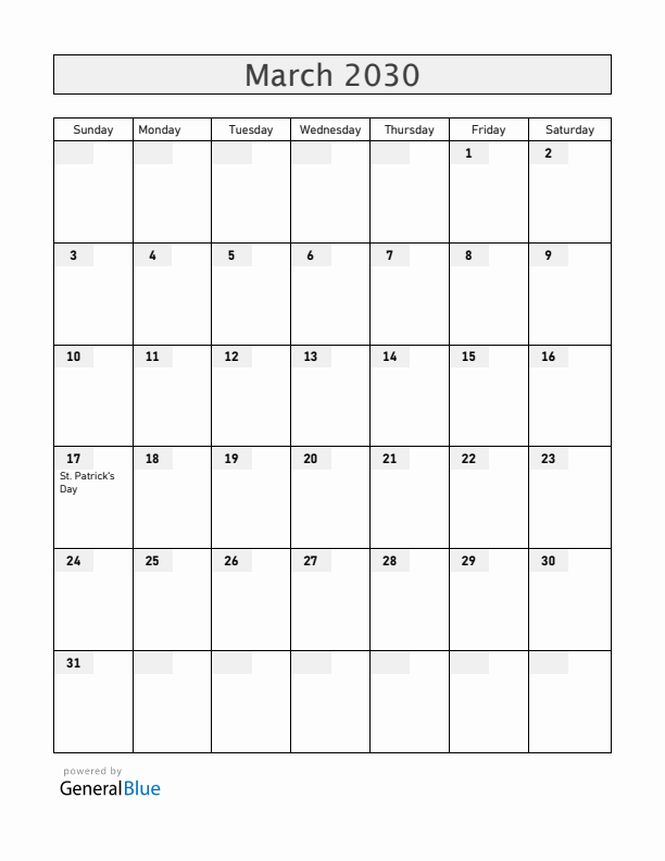 Canada March 2030 Calendar with Holidays