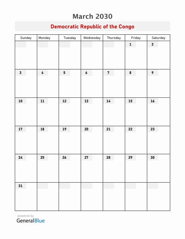 Democratic Republic of the Congo March 2030 Calendar with Holidays