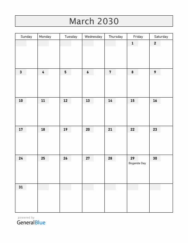 Central African Republic March 2030 Calendar with Holidays