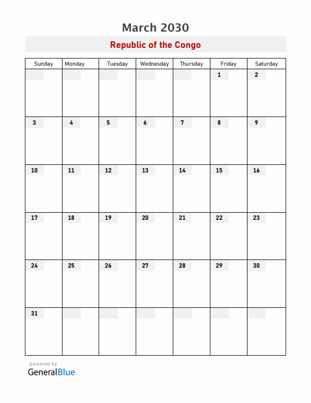 Republic of the Congo March 2030 Calendar with Holidays