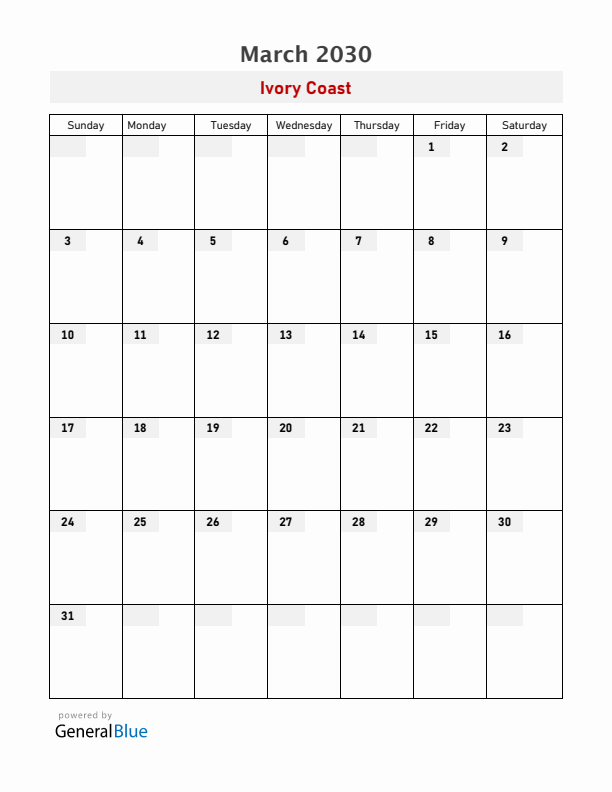 Ivory Coast March 2030 Calendar with Holidays