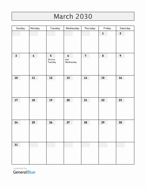 Cabo Verde March 2030 Calendar with Holidays