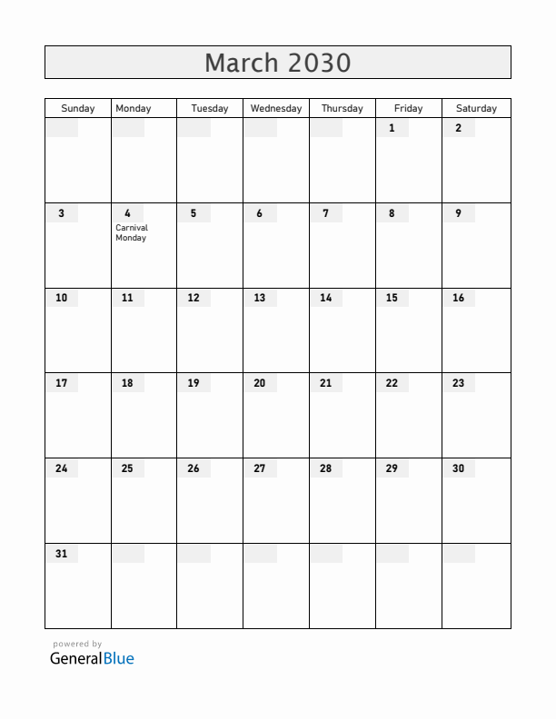 Curacao March 2030 Calendar with Holidays