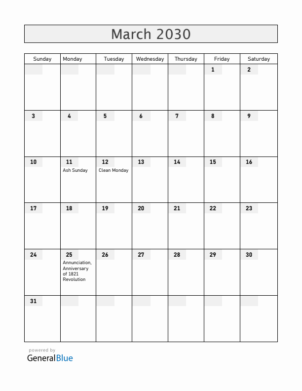 Cyprus March 2030 Calendar with Holidays