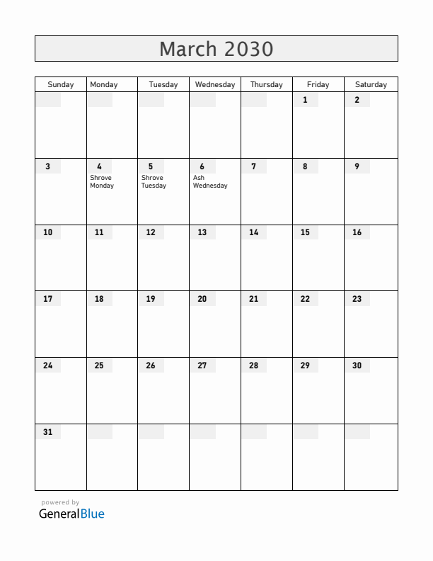 Germany March 2030 Calendar with Holidays