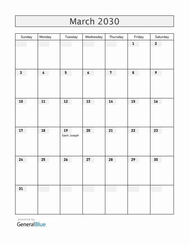 Spain March 2030 Calendar with Holidays