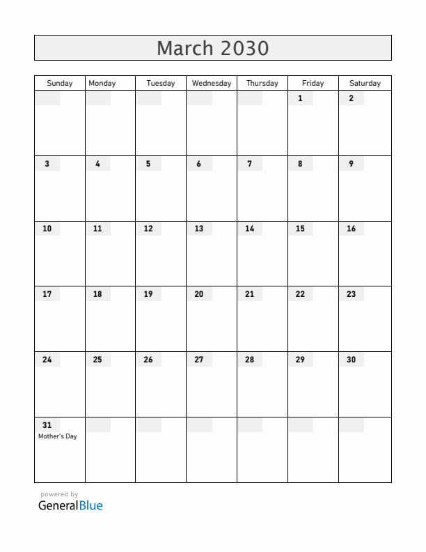 Guernsey March 2030 Calendar with Holidays