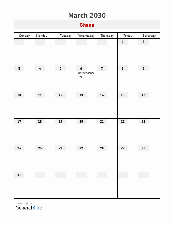Ghana March 2030 Calendar with Holidays