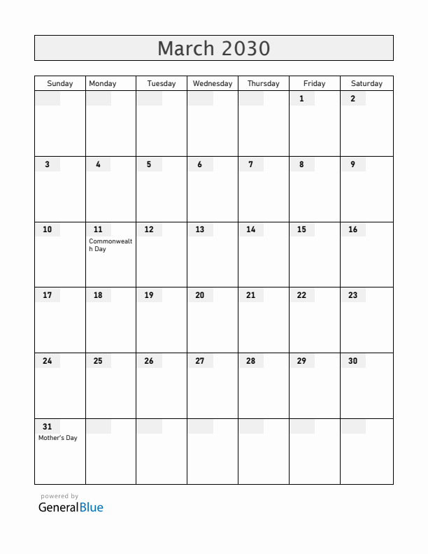 Gibraltar March 2030 Calendar with Holidays
