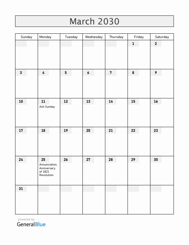 Greece March 2030 Calendar with Holidays