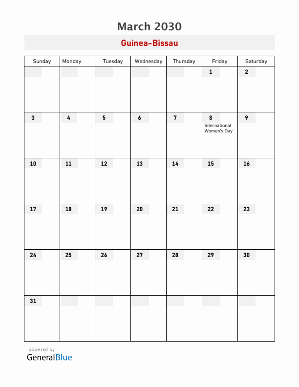 Guinea-Bissau March 2030 Calendar with Holidays