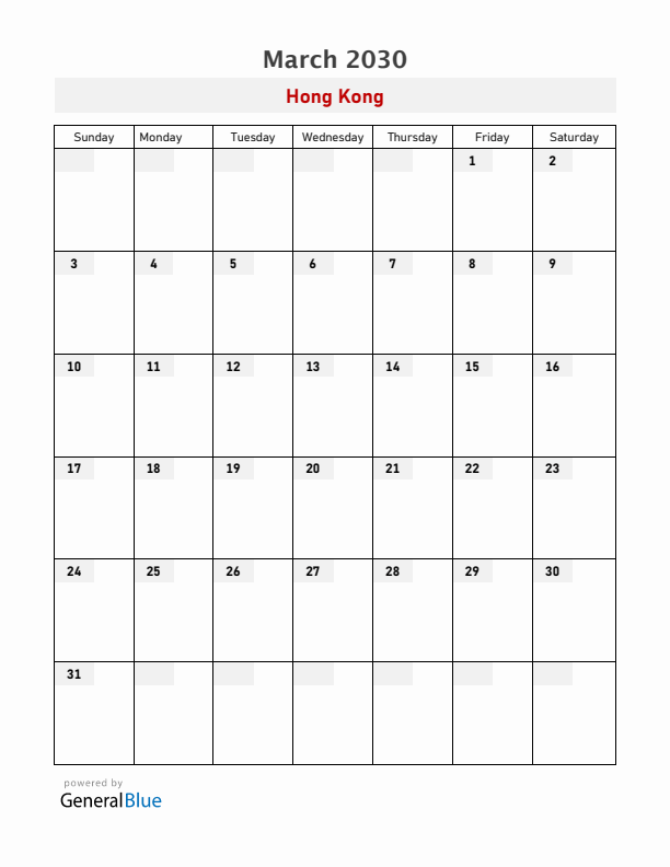 Hong Kong March 2030 Calendar with Holidays