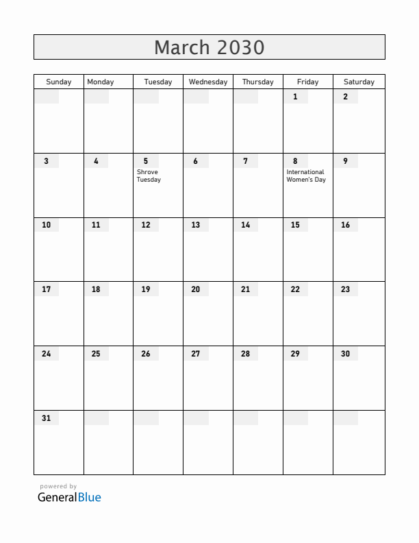 Croatia March 2030 Calendar with Holidays