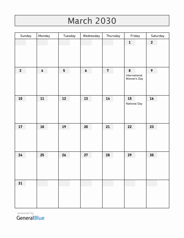 Hungary March 2030 Calendar with Holidays