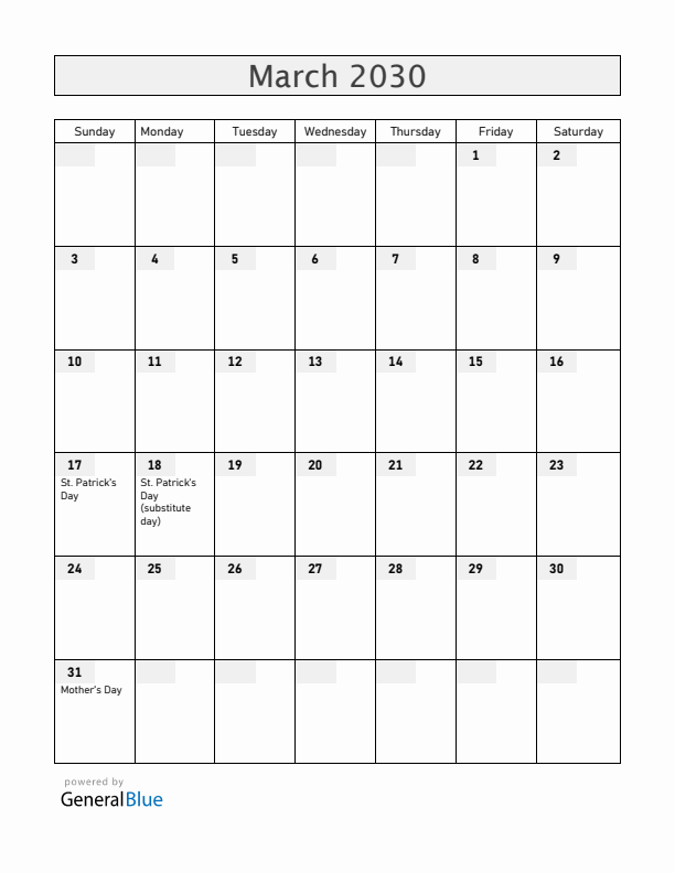 Ireland March 2030 Calendar with Holidays