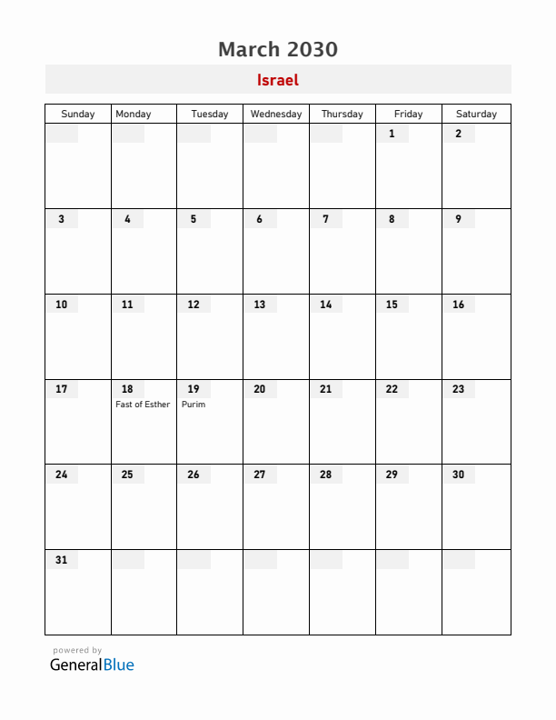 Israel March 2030 Calendar with Holidays