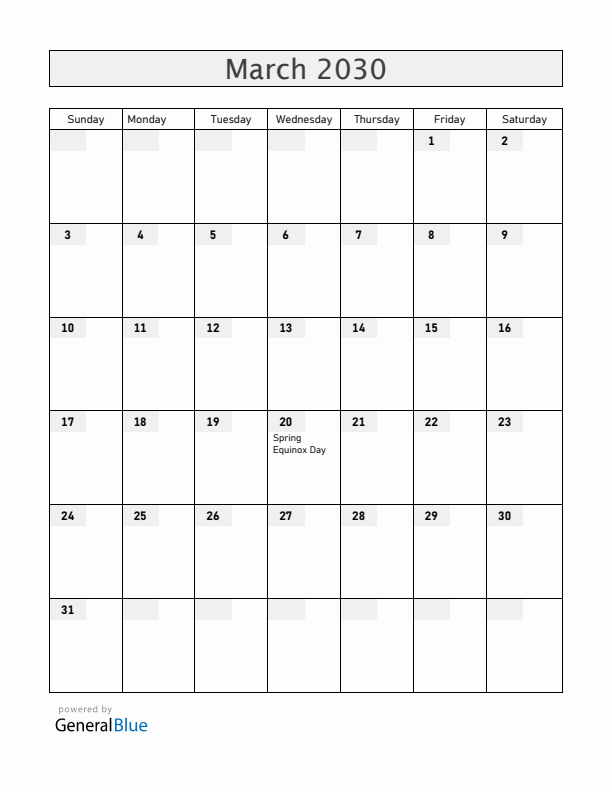 Japan March 2030 Calendar with Holidays