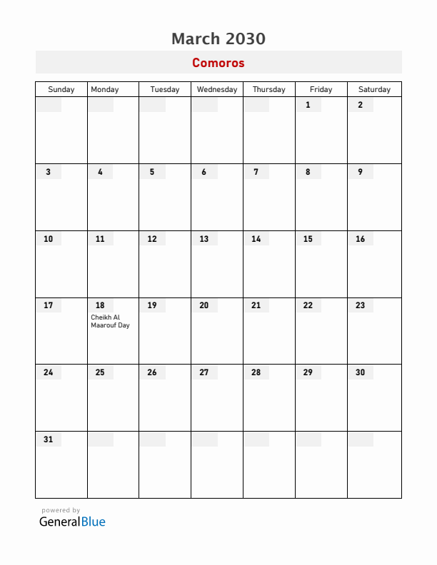 Comoros March 2030 Calendar with Holidays