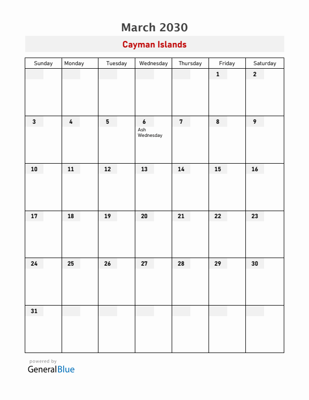 Cayman Islands March 2030 Calendar with Holidays