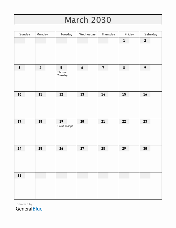 Liechtenstein March 2030 Calendar with Holidays