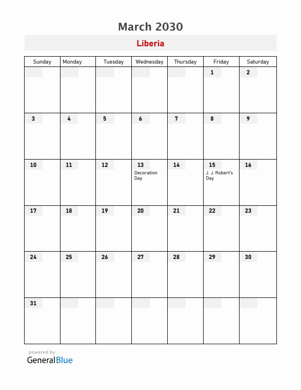 Liberia March 2030 Calendar with Holidays