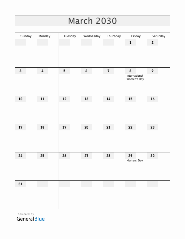 Madagascar March 2030 Calendar with Holidays