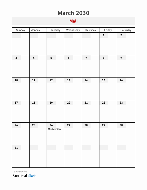 Mali March 2030 Calendar with Holidays