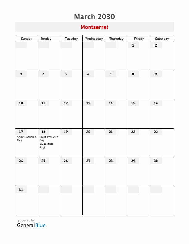 Montserrat March 2030 Calendar with Holidays