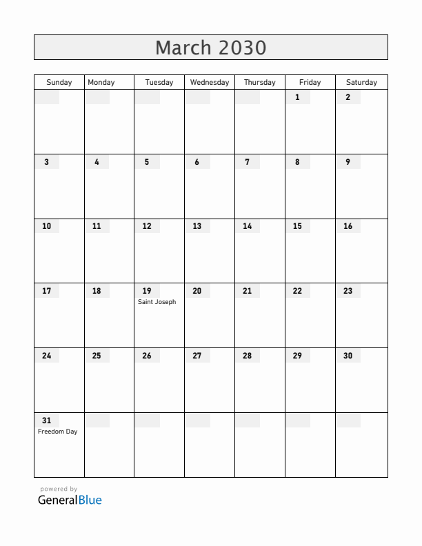 Malta March 2030 Calendar with Holidays