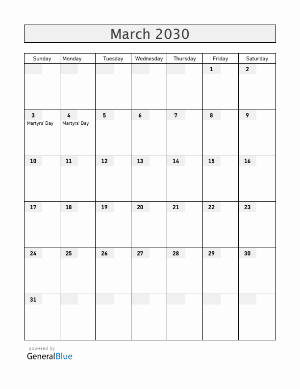 Malawi March 2030 Calendar with Holidays