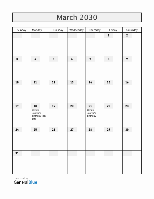 Mexico March 2030 Calendar with Holidays