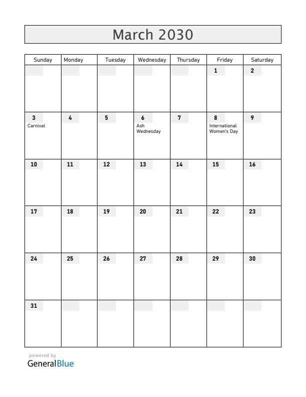 Norway March 2030 Calendar with Holidays