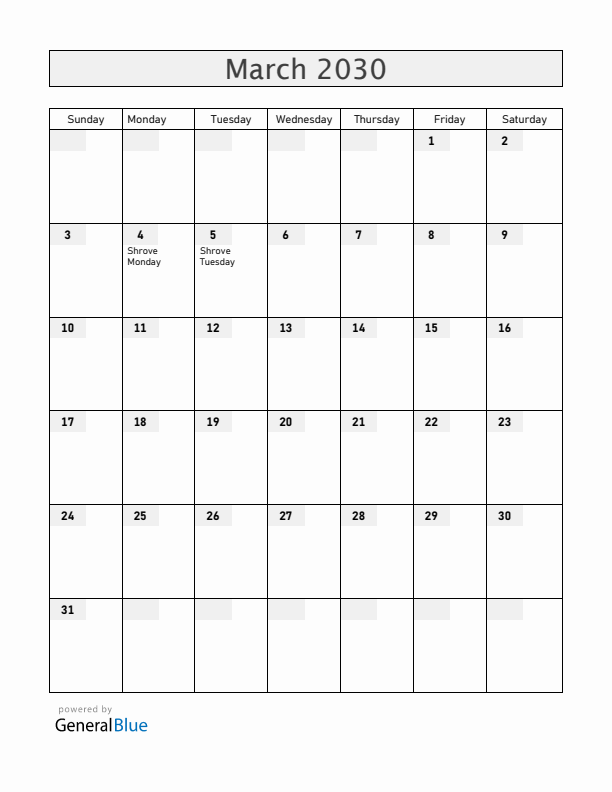 Panama March 2030 Calendar with Holidays