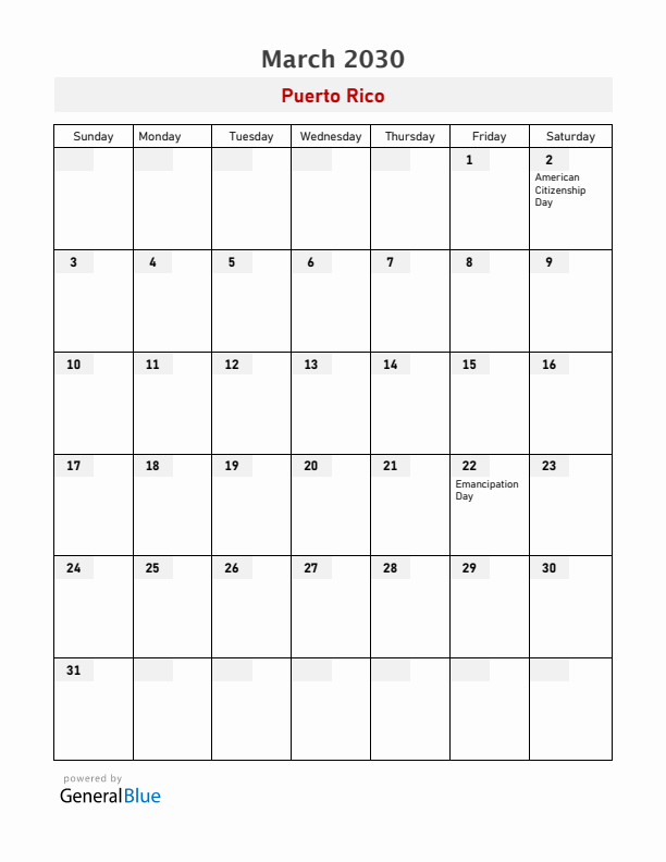 Puerto Rico March 2030 Calendar with Holidays