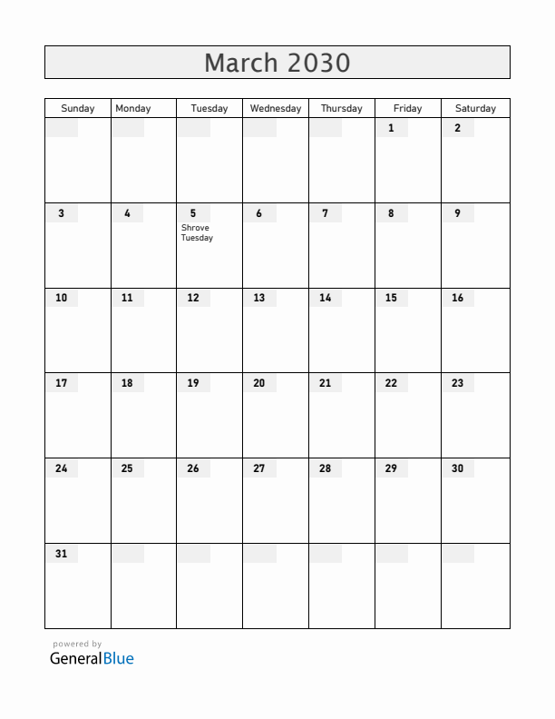 Portugal March 2030 Calendar with Holidays