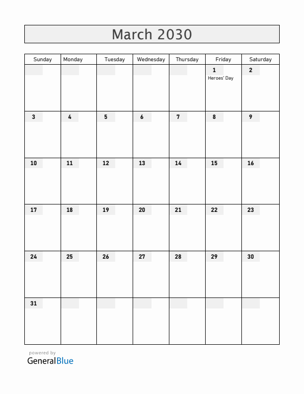 Paraguay March 2030 Calendar with Holidays