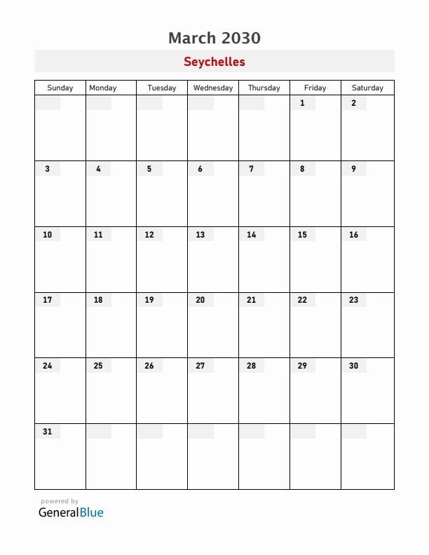 Seychelles March 2030 Calendar with Holidays