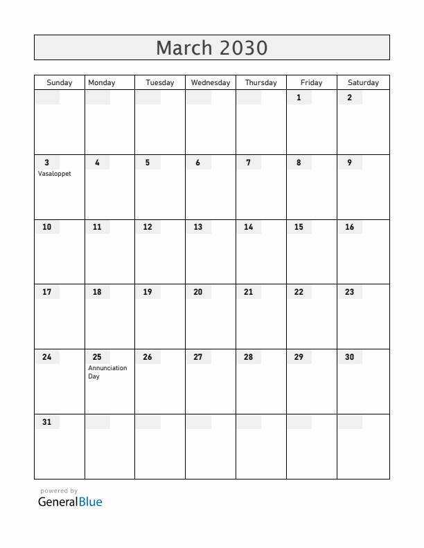 Sweden March 2030 Calendar with Holidays