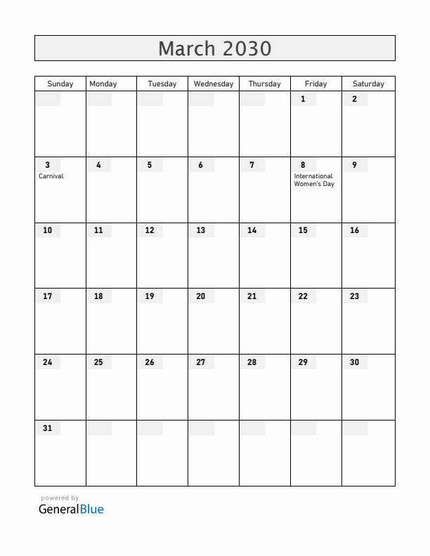 Slovenia March 2030 Calendar with Holidays