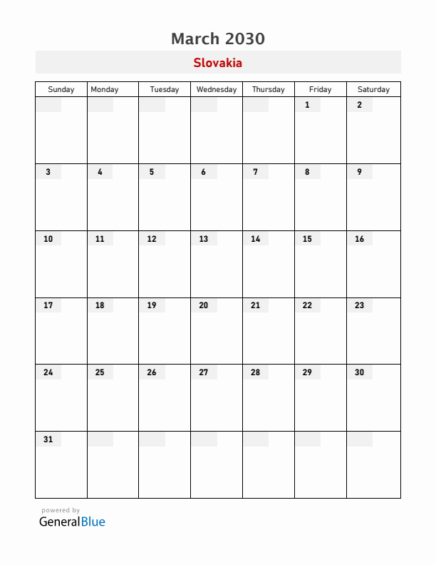 Slovakia March 2030 Calendar with Holidays
