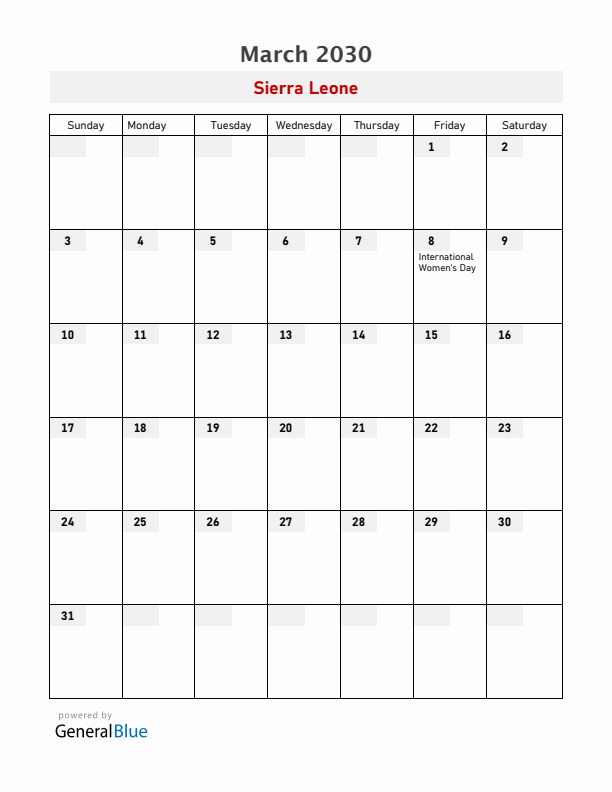 Sierra Leone March 2030 Calendar with Holidays