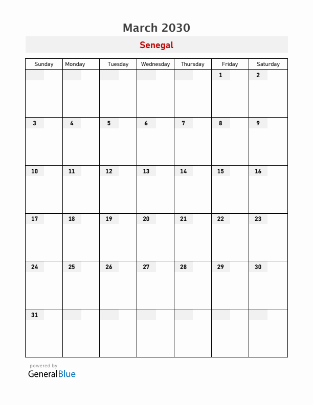 Senegal March 2030 Calendar with Holidays