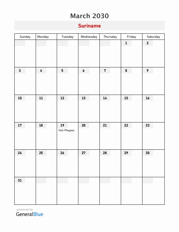 Suriname March 2030 Calendar with Holidays