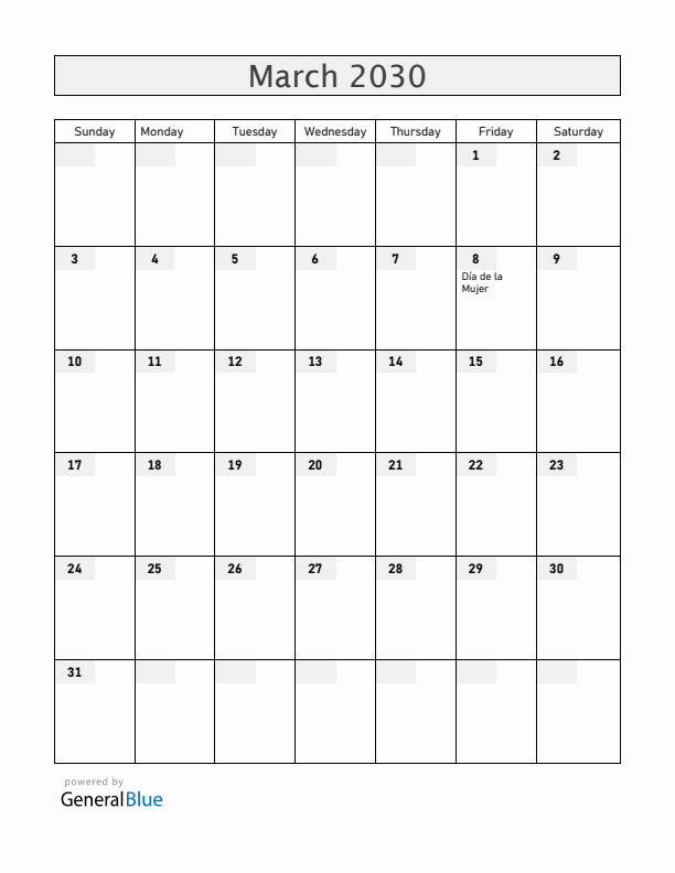 El Salvador March 2030 Calendar with Holidays