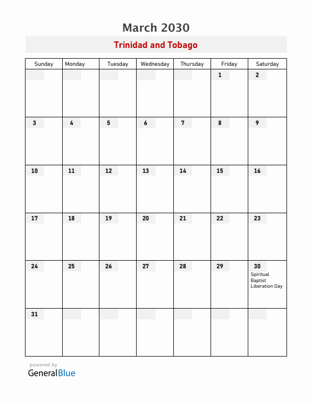Trinidad and Tobago March 2030 Calendar with Holidays